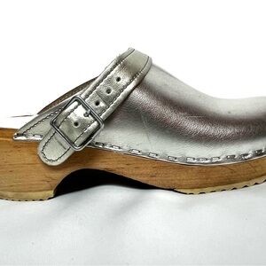 Silver Leather Clogs Womens Wooden Platform Mule Buckle Strap EU 36 US 6